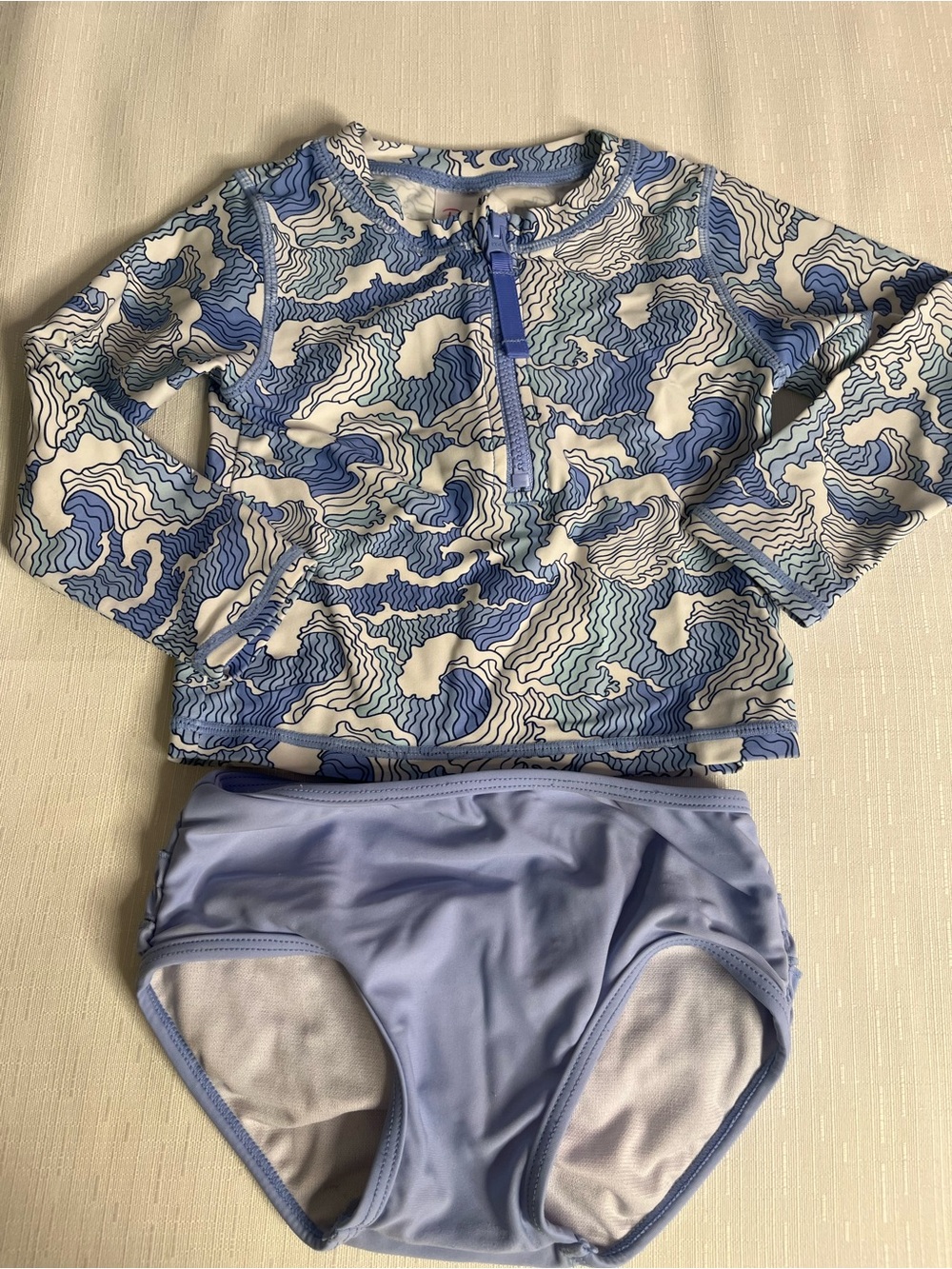 Ruffle Butts Long Sleeve Rash Guard Set in Light Blue Wave Print size 2T